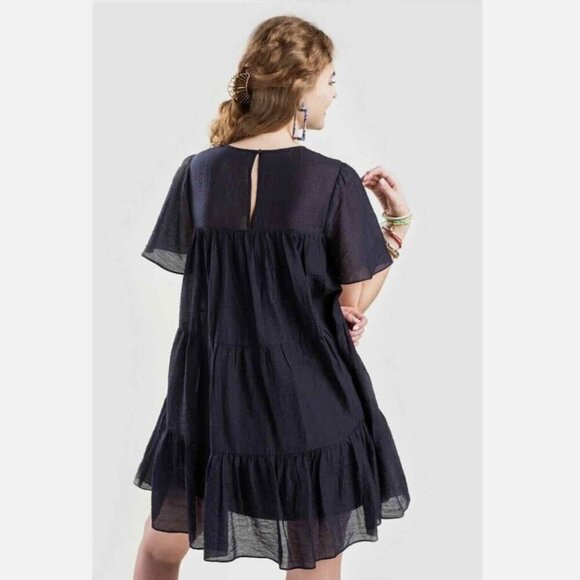FRANCESCA’S Mi Ami Navy Babydoll Tiered Ruffled Lined Mini Dress Size S Boho - Picture 3 of 14